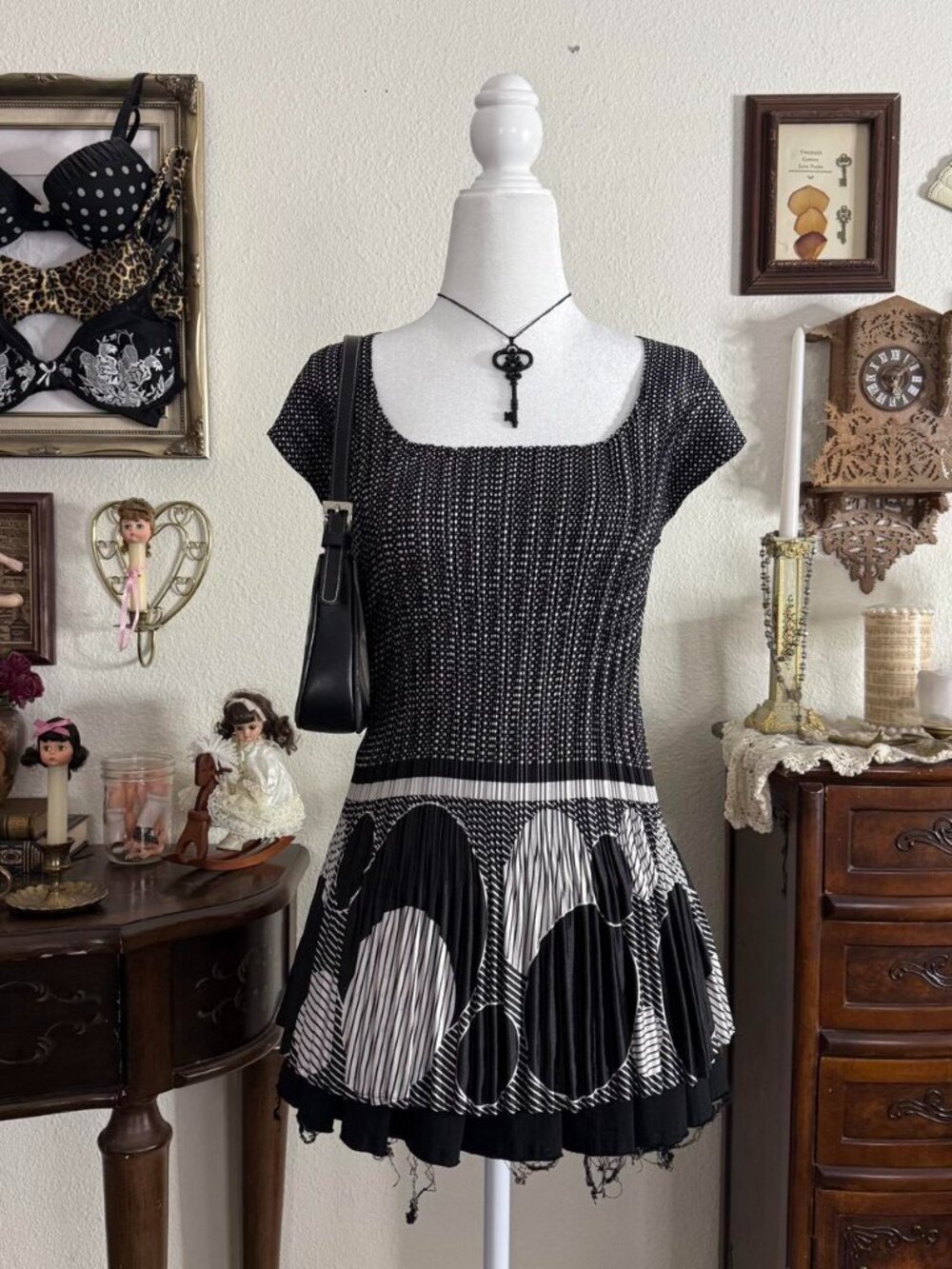 Y2k whimsical twee girly grunge funky weird girl black and white pleated blouse